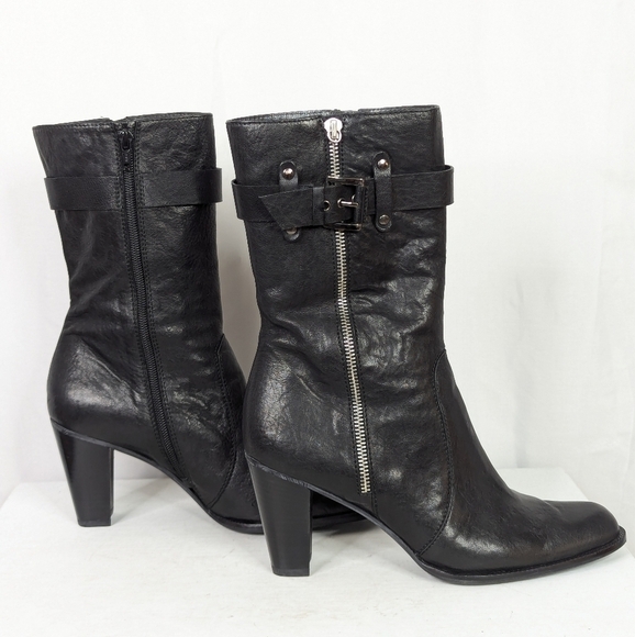 Stuart Weitzman Black Leather Heeled Midcalf Moto Boots - Picture 2 of 9